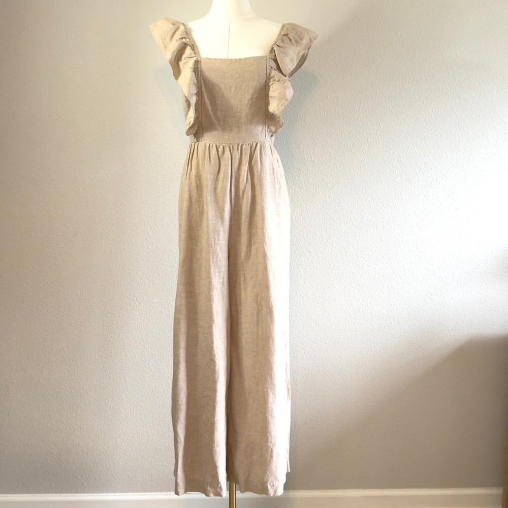 Madewell Linen Blend Ruffle Strap Tie Back Wide Leg Jumpsuit Tan 4 Cottagecore